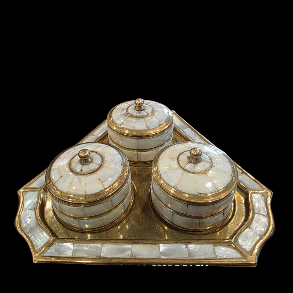 Vintage Brass Mother of Pearl Inlay 3 Lidded Jars Canisters Tray Made in India